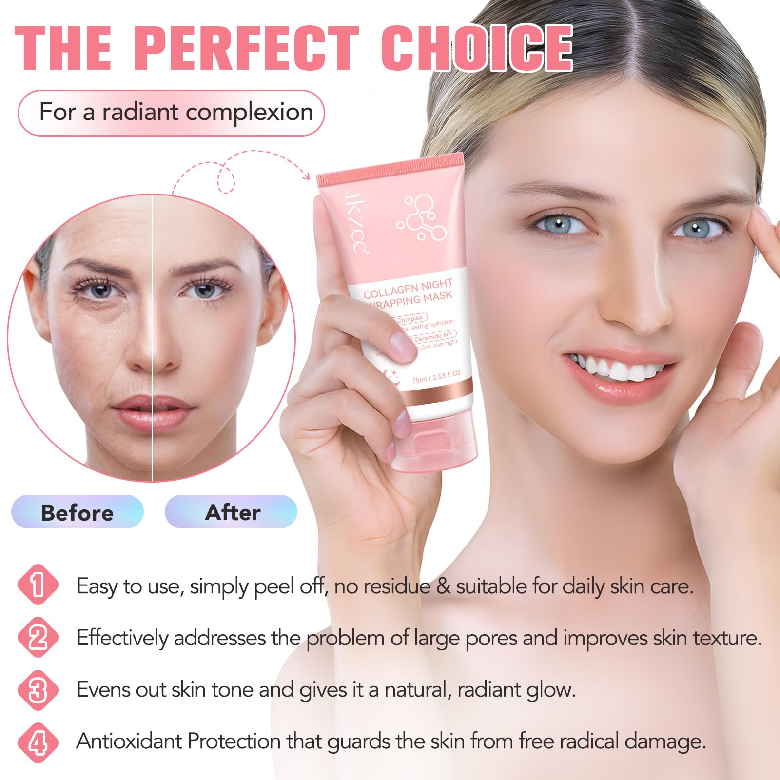 Collagen Night Wrapping Mask 2.53 fl.oz, Collagen Overnight Wrapping Peel Off Facial Mask with Brush, Deep Hydration, Improves Skin Elasticity, Pore Tightening & Firming, Reduces Sagging & Dullness